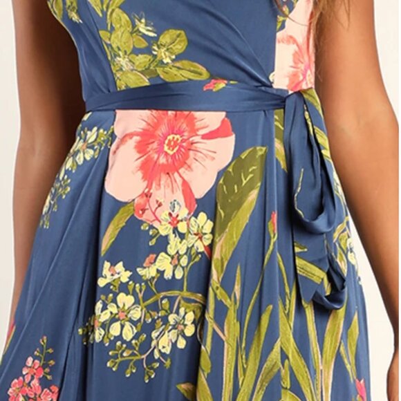 Lulus Still The One Blue Floral Print Satin Maxi Dress - Size S - Picture 2 of 6